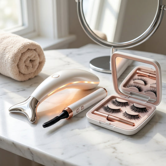 Kit Glow-Up Express 3-en-1: Masajeador Cuello LED Térmico + Rizador Eléctrico + Pestañas Magnéticas